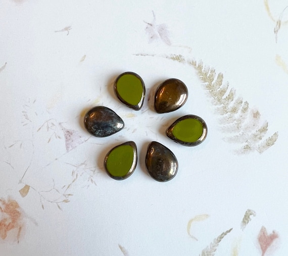 Polished Drops, Opaque Olive Bronze Picasso, 16x12mm Drops, Set of 6 Beads