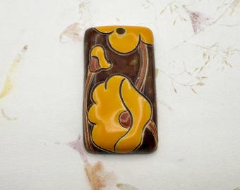 Orange Poppies, Poppies on Stoneware with Reactive Glaze, Rectangular Poppy Pendant, Orange Poppies, Pendant, Poppies Pendant