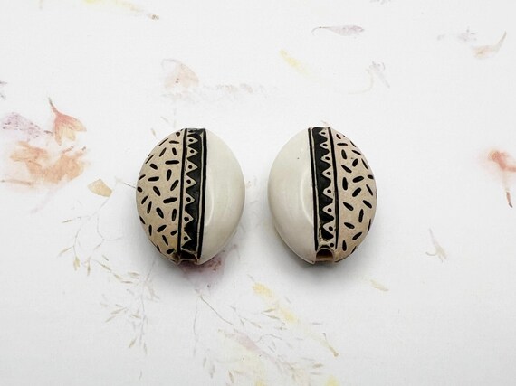 NEW!  Glazed and Stamped Almond Shaped Beads, Set of 2 Beads, 2 Sided Design, Golem Design Studio, Stoneware Beads