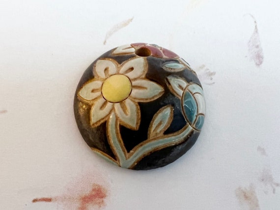 NEW! Tuscany Majolica Styled Floral Small Round Domed Pendant, Small Pendant, Stoneware Pendant, Golem Design Studio