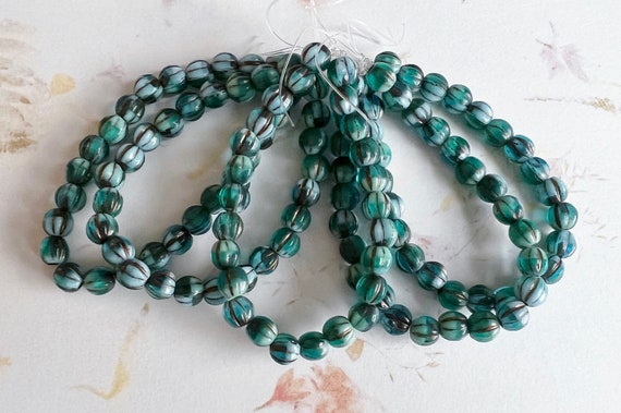 6mm Large Hole Melon Beads, Sky Blue and Blue Green with Bronze Wash, 25 Beads Per Strand