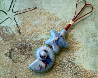 Starfish and Nautilus Ceramic Pendant, Large Hole Seashell Pendant Beads, Set of Two