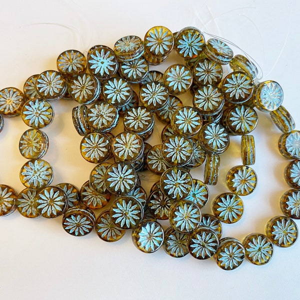 Coin Aster Flower, 12mm, Topaz Transparent with Picasso Finish and Turquoise Wash, Table Cut Czech Glass, Aster Flowers, 15 Pieces