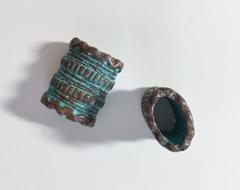 Green Patina Oval Double Rope Barrel, 21x11-17mm, Oblong, Large Opening For Your Multi-Strand Necklaces And Kumihimo Braids