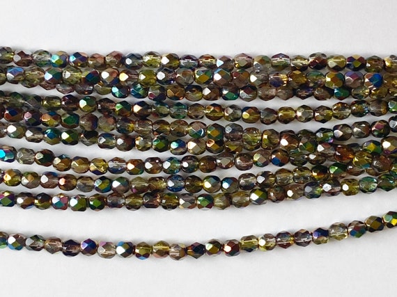 4mm Fire Polish Beads, Magic Yellow Brown, Faceted 4mm Fire Polish Beads, 40 Beads Per Strand