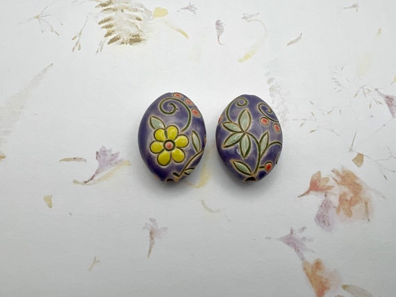 Vintage Flowers, Blue Glazed Almond Shaped Stoneware Beads, Two Design Sides, Hand Glazed, Hand Carved, Pendant Beads, Golem Design Studio