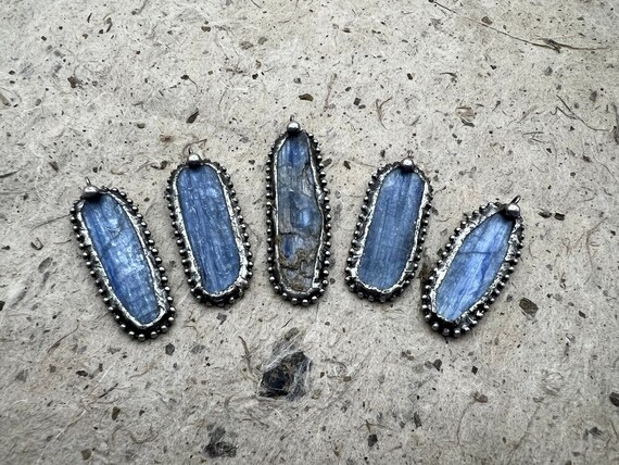 Beautiful Blue Kyanite Crystal Pendants, Oblong Kyanite Pendants with Hand Soldered Details and Attached Bail, Antique Silver Finish