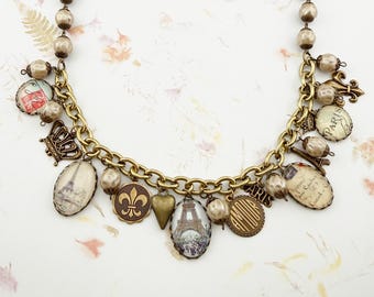 I Love Paris Charm Necklace, Hand Crafted Hearts, Antique Bronze, Vintage Inspired Valentine Jewelry