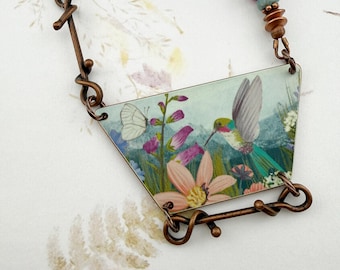 Ruby Red Throat Hummingbird Necklace with Rubies and Apatite Gemstones
