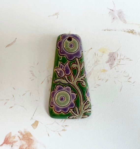 Lace Flowers on Stoneware Pendant, 44mm Long x 22mm Wide, Hand Carved, Stamped and Glazed