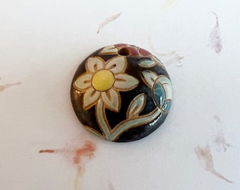 NEW! Tuscany Majolica Styled Floral Small Round Domed Pendant, Small Pendant, Stoneware Pendant, Golem Design Studio
