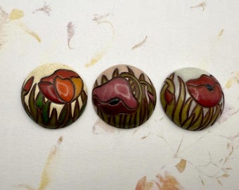Field Poppy Cabochons, Poppy Cabochon, Domed Cabochon, 1 Inch Round or 25mm Cabochon, Hand Carved and Glazed Terracotta Cabochons, 3 Styles