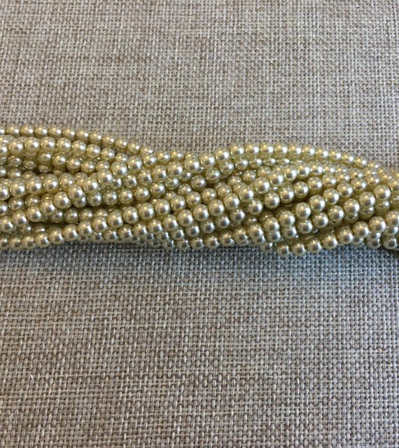 Green Straw Shiny 4mm Glass Pearls, 120 Pearls Per Strand