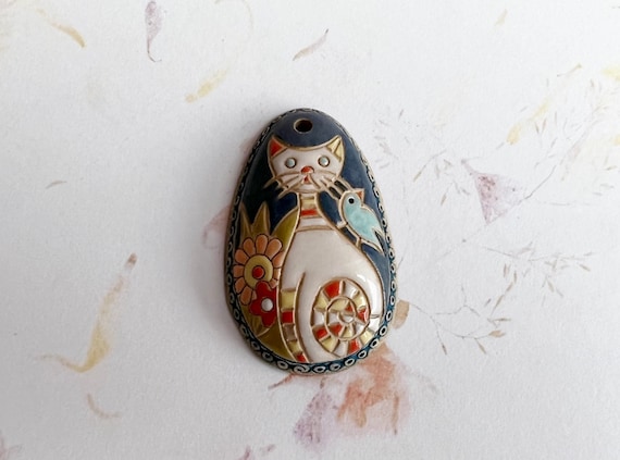 Cat Pendant, White Cat with Blue Bird, Oval Pendant, Domed Oval Pendant, Long Oval Pendant, Stoneware Pendant