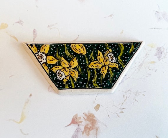 Daffodils and Polka Dots by Damyanah Studio, Stoneware Trapezoid Pendant, Hand Crafted in Bulgaria