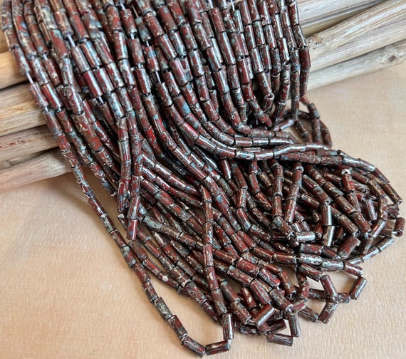 9x4mm Aged Wampum Red Metallic Picasso Bugle Beads, Czech Tube Beads, Wampum Beads, Tribal Beads, Bugle Beads