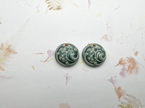 Stoneware Beads Decorated with Hand Crafted Acanthus Stamp in a Majolica Style, Set of Two Beads, Glazed Stoneware Beads