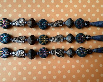 Czech Glass Bead Strand: Cats, Metallic Spiders, Autumn Tones