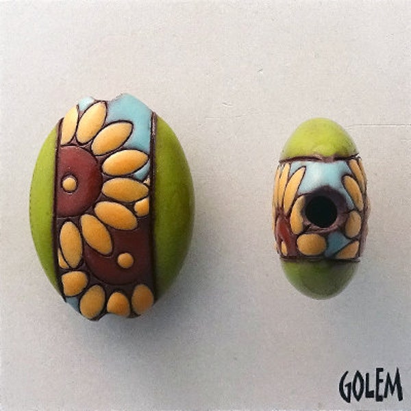 Terracotta Sunflowers, Small Sunflower Pendant, Almond Shaped Bead, Hand Glazed, Hand Carved, Pendant Beads, Golem Design Studio