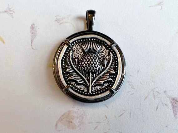Thistle Reproduction Pendant, Worn Silver Plated Brass, Round Pendant with Attached Gunmetal Bail and Prong Bezel, Pendant, 28mm Round