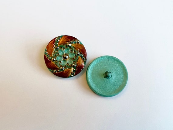 32mm Marcasite Flower Button, Light Aqua Green Center with Red Gold Edging and Platinum Painted Accents, Shank Button, Czech Glass Buttons