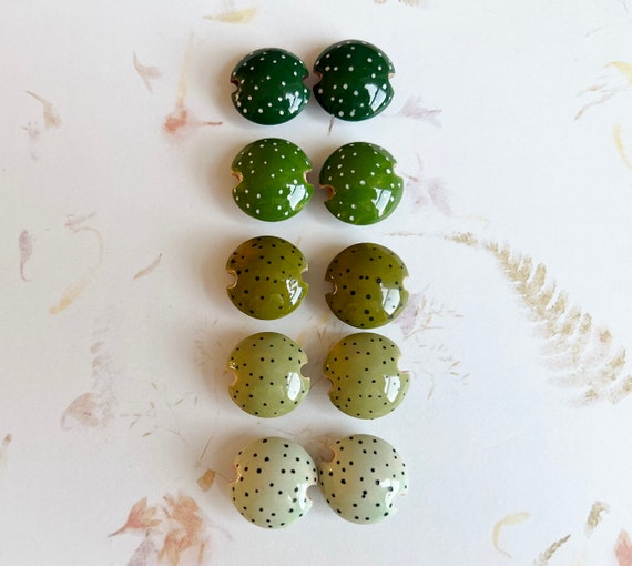 Polka Dot Small Stoneware Lentil Beads by Damyanah Studio, Five Shades of Green Lentils in Sets of Two