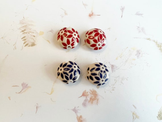 Really Red or Deep Blue Flowers on White Background Lentil Shaped Beads, Medium Size, Stoneware Pendant Bead, Golem Design Studio Beads