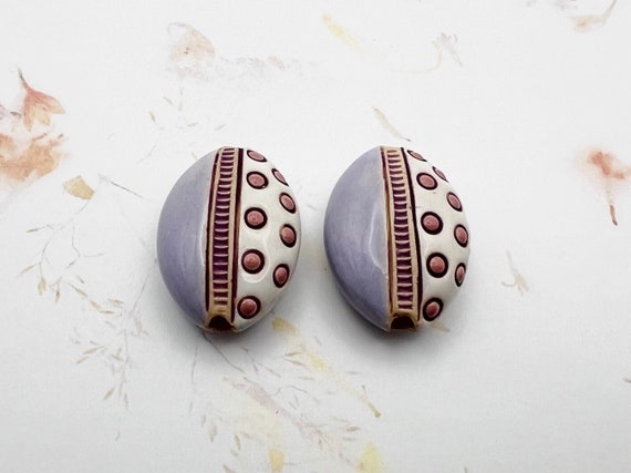 NEW! Set of Two, Mix Technique Design, Almond Shaped Beads, Hand Shaped, Carved, Stamped and Brightly Glazed Pendant Beads