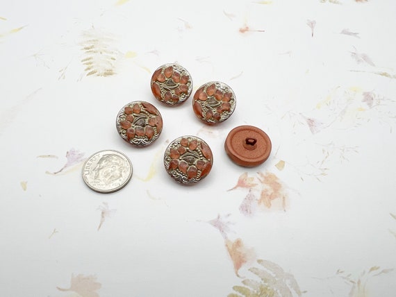 Lacy Flower, 18mm Round Button, Transparent Light Smoky Topaz Finish and Antique Gold, Shank Button, Czech Glass Button