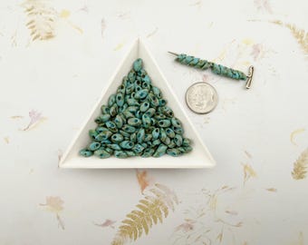 Opaque Seafoam Green Picasso, Miyuki 4x7mm Long Magatama Beads, 25 grams, Miyuki