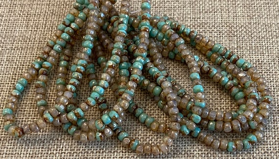 4x3mm Trica Champagne and Sea Green Mix, Fire Polish Beads, 50 Beads Per Strand, 1mm Center Hole, Trica Beads