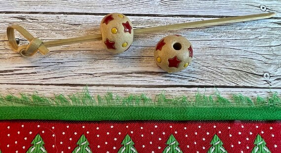 Red Stars and Yellow Dots, Glazed And Hand Carved Stoneware Round Beads, Large Hole Beads, Christmas Beads