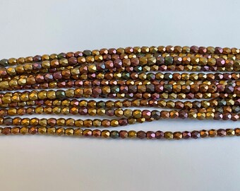 4mm Fire Polish Beads, Purple Iris Gold, Faceted 4mm Fire Polish Beads, 50 Beads Per Strand