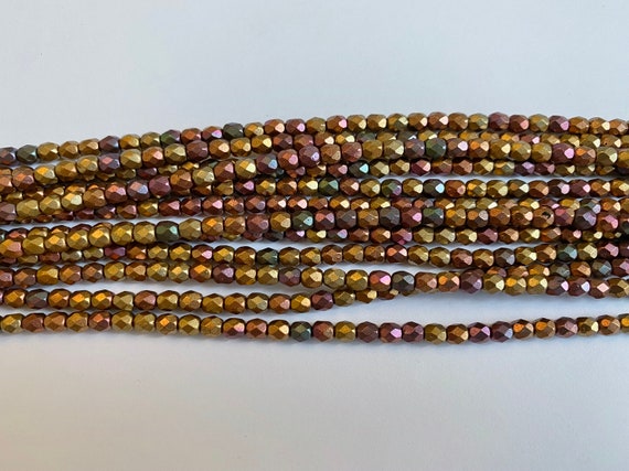 4mm Fire Polish Beads, Purple Iris Gold, Faceted 4mm Fire Polish Beads, 50 Beads Per Strand