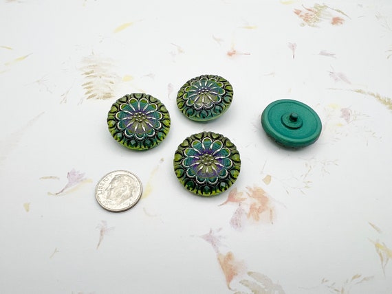 Crown, 27mm Round Button, Green Two Tone and Purple Antiqued with Platinum Accents, Shank Button, Czech Glass Buttons