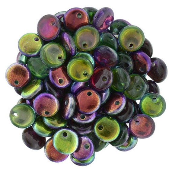 6mm,  Marea Peacock Gold Special Coating, 50 pcs. Czech Glass Lentil Beads, Single Hole, Top Drilled Lentil Beads, Great Beads for Kumihimo