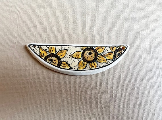 Cheerful Sunflowers by Damyanah Studio, Stoneware Half Circle Pendant, Hand Crafted in Bulgaria