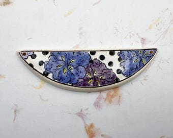 Violets on Polka Dots by Damyanah Studio, Stoneware Half Circle Pendant, Hand Crafted in Bulgaria