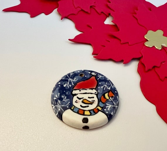 Snowman Wearing Scarf  by Damayanah Studio, Hand Painted and Hand Glazed Stoneware Pendant