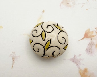 Arabesque, Golem Medium Lentil Shaped Beads, Hand Carved and Glazed Beads, Arabesque White and Olive Stoneware Clay Beads
