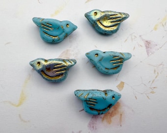 Bird Bead, 11x22mm, Baby Blue with AB Finish and Gold Wash, 1mm Vertically Drilled Hole, 1 Bird