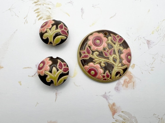 Old Lace, Brown, Pink and Rose Lentil Beads, Pendant and Lentil Shaped Ceramic Beads by Golem Design Studio