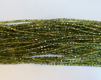 4mm Copper Olivine Fire Polish Beads, Round Faceted 4mm Fire Polish Beads, 50 Beads Per Strand