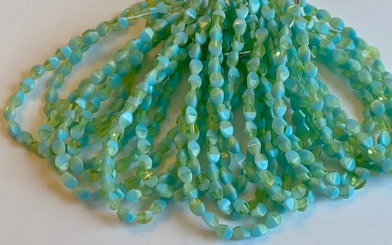Pinch Beads, Tea Green and Green Apple Two Tone, 5x3mm Pinch Beads, 30 Pinch Beads Per Strand