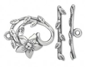 Leaf And Floral Toggle Set, JBB Findings, Antique Silver Toggle Leaf And End Cap Set, Flower Loop 23mm, Leaf Toggle Bar 31mm