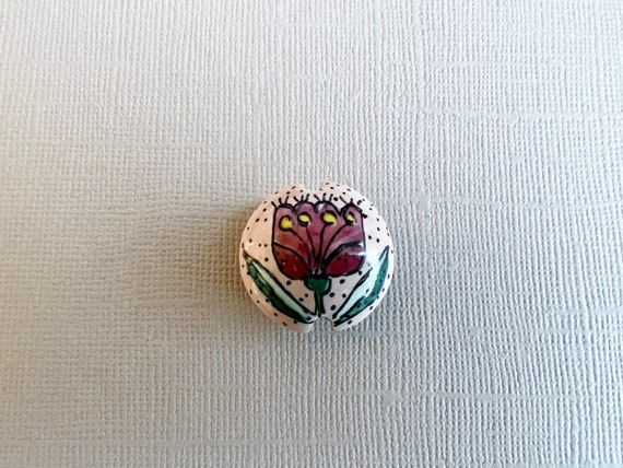Red Tulip, Lentil Shaped Ceramic Bead, Hand Crafted Artisan Beads, Damyanah Studio