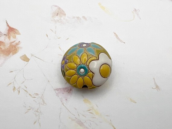 White And Yellow Flowers Lentil Bead, Flower Power, Medium Size Lentil Pendant Bead, Golem Design Studio Beads, Large Hole Beads