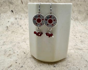 Bohemian Enamel Earrings with, Enamel on an Ancient Design, Drop Earrings, Dangle Earrings, Antique Silver Plated Brass, Hook Ear Wire