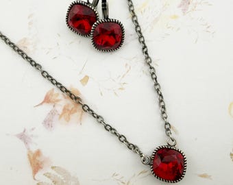 Solitaire Necklace and Earrings, Austrian Crystal, Cushion Cut 12mm