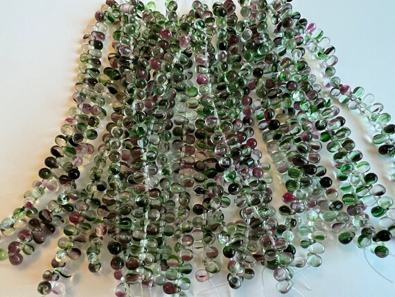 6x4mm Crystal Green and Pink Teardrops, 6x4mm Teardrop Beads, Czech Glass Teardrop, 50 Teardrops Per Strand, Top Drilled